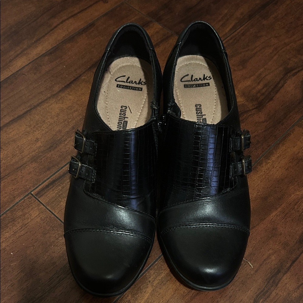 Clarks Women's Black Leather Loafers with Buckle Detail